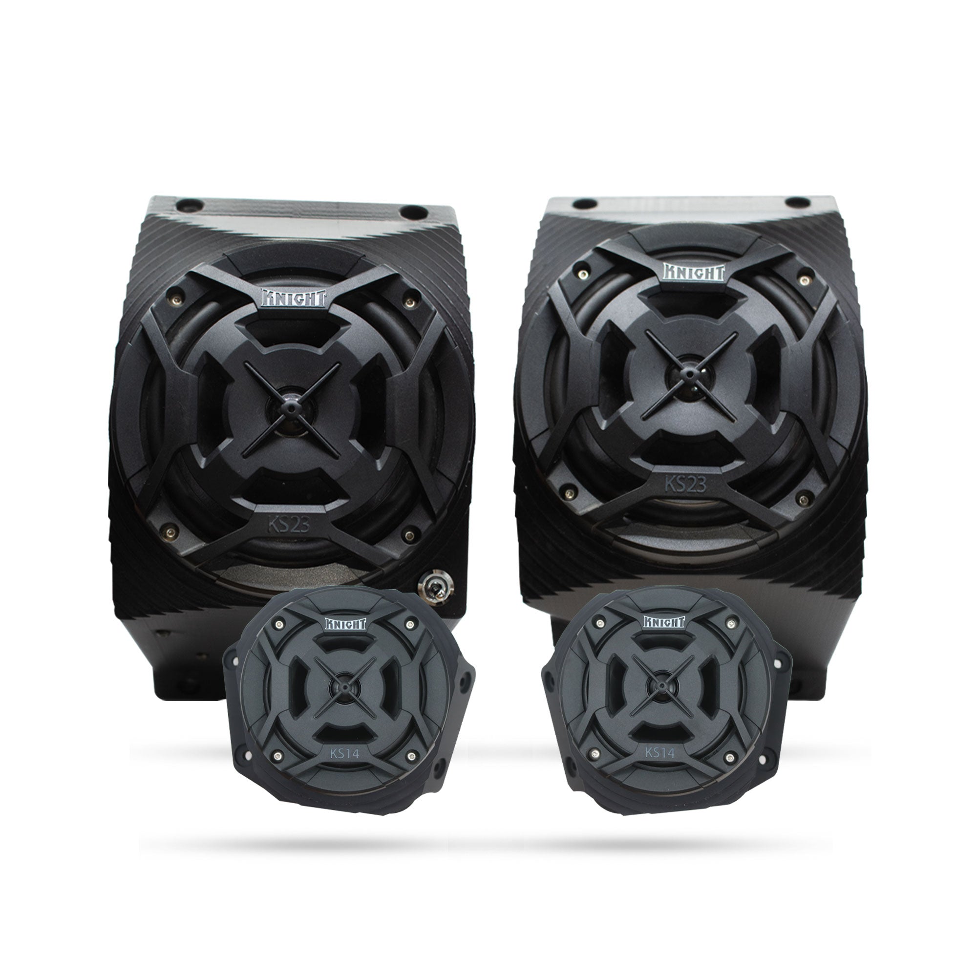 A set of black Knight ATV Marine Speakers with LED lights, including two 6.5 inch speakers and two 4 inch speakers with a 4 channel marine amplifier.